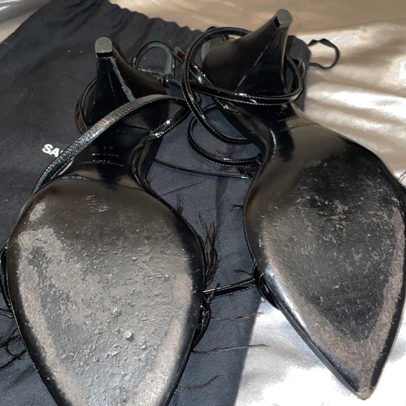 Saint Laurent  Black Patent Ostrich Feathers Ankle Strap Sandals Size 41 - Picture 3 of 8